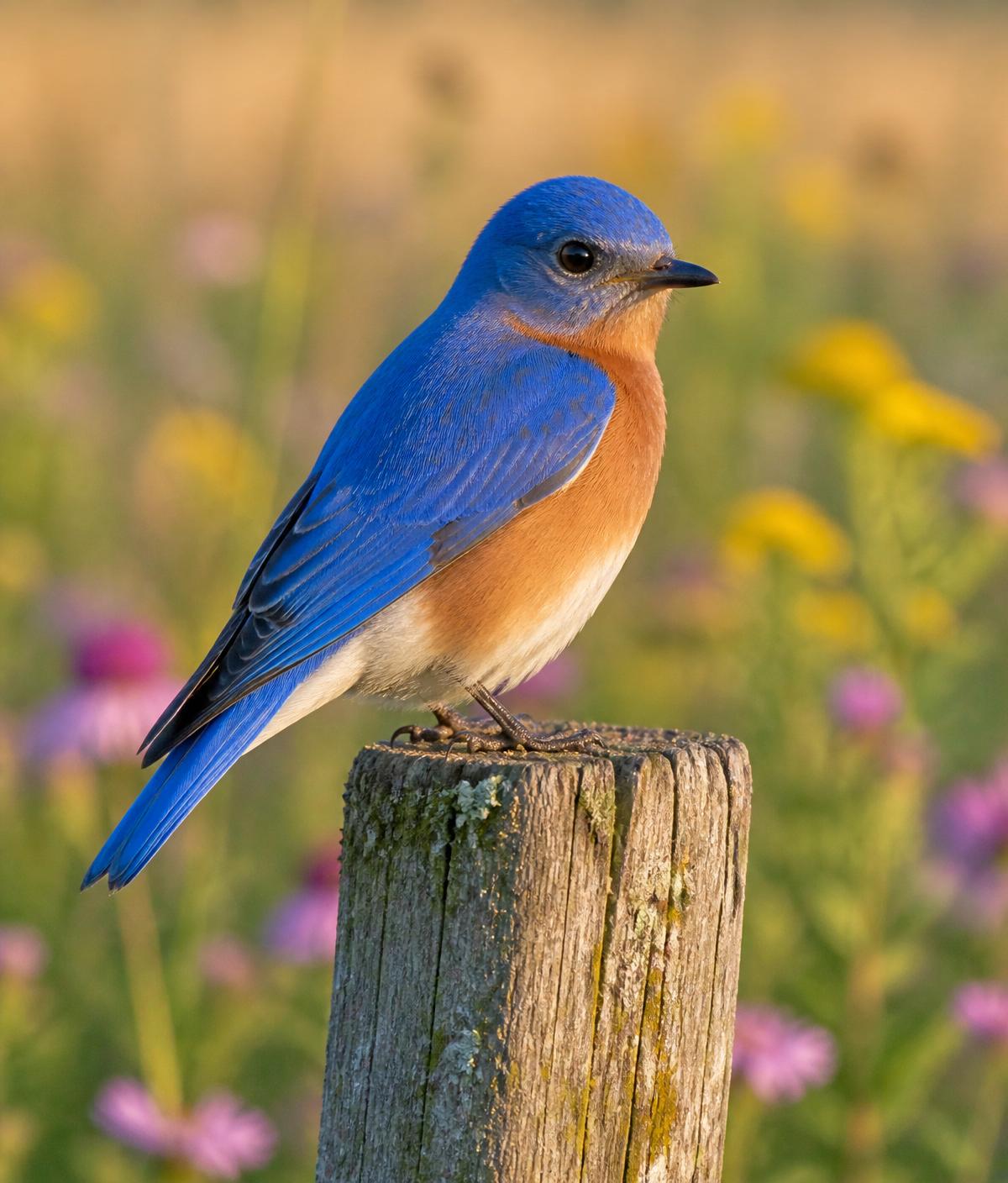 Eastern bluebird on a fence post in a Wisconsin meadow